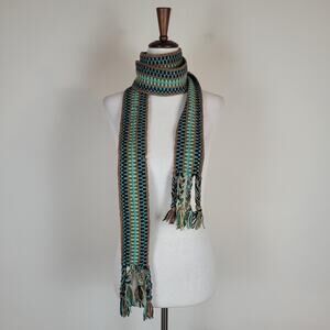 Vintage Millars Scarf Multicolor Green Blue Brown Wool Striped Fringe Boho Hygge